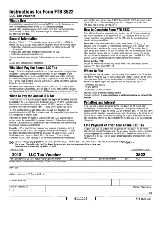 Fillable California Form 3522 - Llc Tax Voucher - 2012 Printable pdf