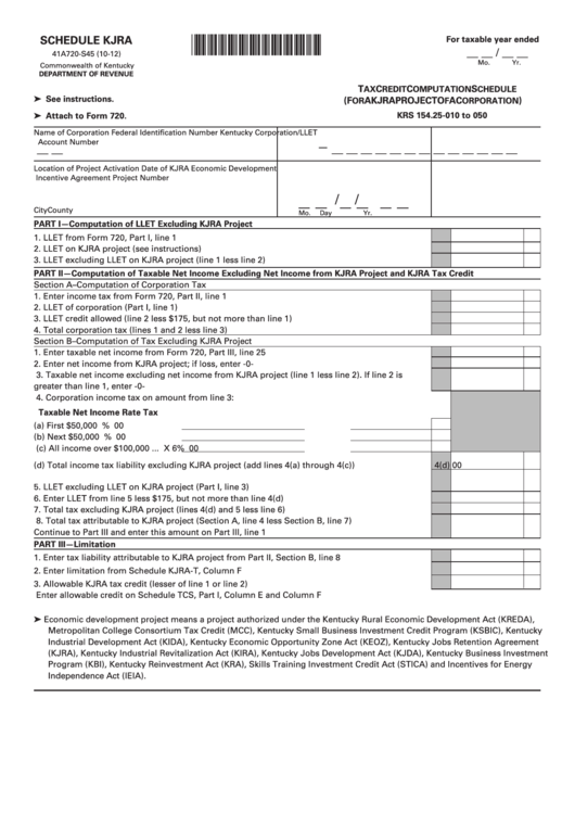 Schedule Kjra - Tax Credit Computation Schedule (For A Kjra Project Of A Corporation) Printable pdf