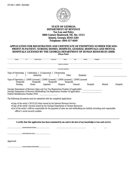 Form St-Nh-1 - Application For Registration And Certificate Of Exemption Number For Nonprofit In-Patient Printable pdf