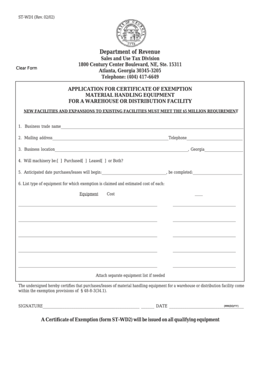 Fillable Form St-Wd1 - Application For Certificate Of Exemption Material Handling Equipment For A Warehouse Or Distribution Facility Printable pdf