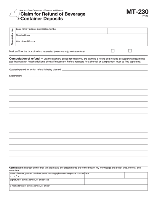 Form Mt-230 - Claim For Refund Of Beverage Container Deposits Printable pdf