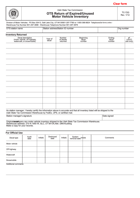 Fillable Form Tc-72g - Ots Return Of Expired/unused Motor Vehicle Inventory Printable pdf