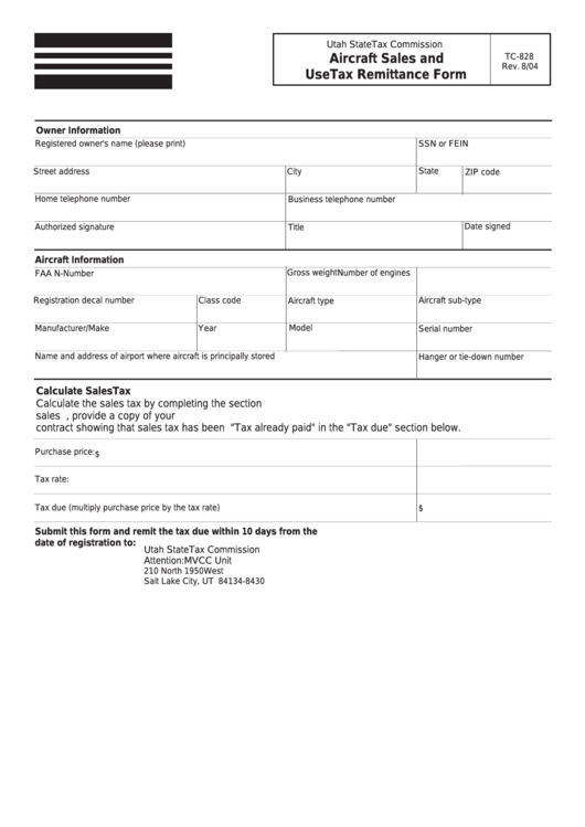 Fillable Form Tc-828 - Aircraft Sales And Use Tax Remittance Form Printable pdf