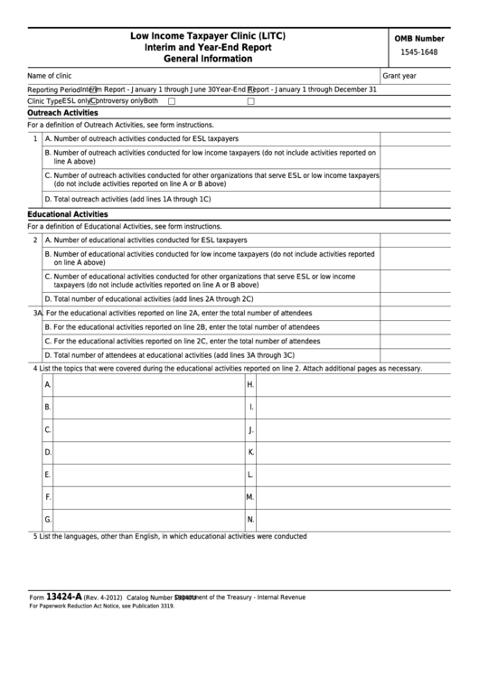 Fillable Form 13424-A - Low Income Taxpayer Clinic (Litc) Interim And Year-End Report General Information Printable pdf