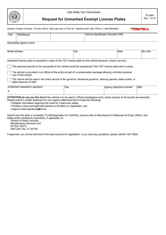 Fillable Form Tc-844 - Request For Unmarked Exempt License Plates Printable pdf