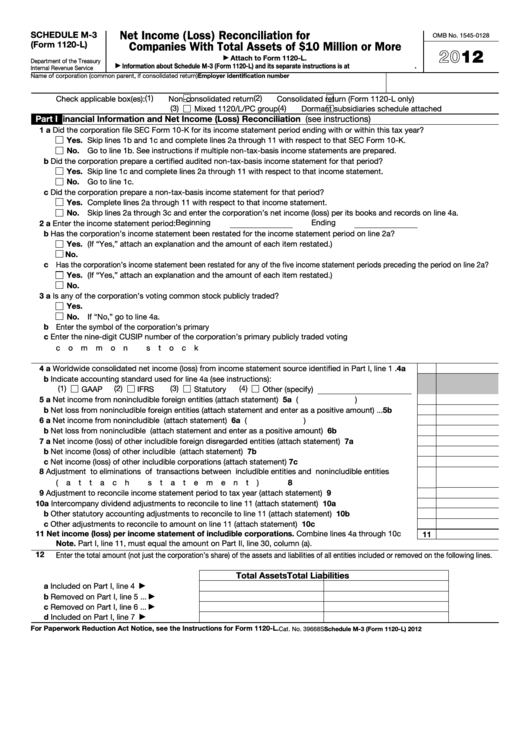 Fillable Schedule M-3 (Form 1120-L) - Net Income (Loss) Reconciliation For U.s. Life Insurance Companies With Total Assets Of 10 Million Or More - 2012 Printable pdf