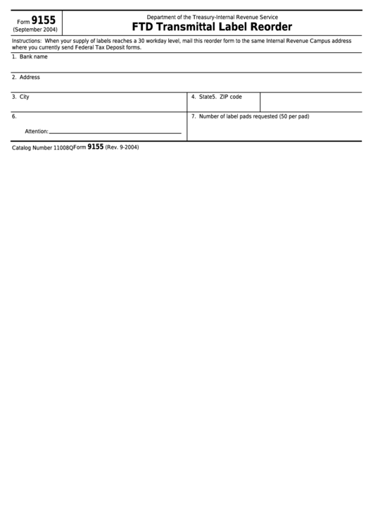 Fillable Form 9155 - Ftd Transmittal Label Reorder Printable pdf