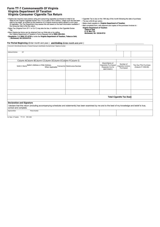 Fillable Form Tt-7 - Virginia Consumer Cigarette Tax Return Printable pdf