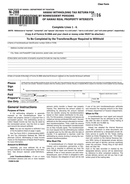 Fillable Form N-288 - Hawaii Withholding Tax Return For Dispositions By Nonresident Persons Of Hawaii Real Property Interests - 2016 Printable pdf