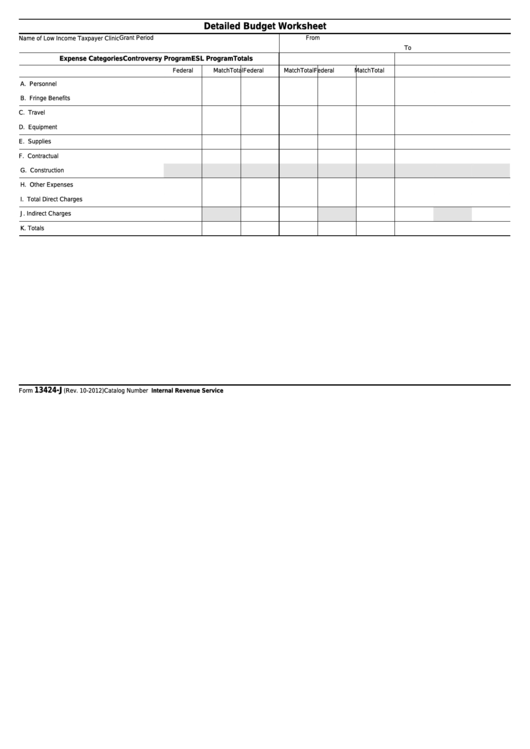 Fillable Form 13424-J - Detailed Budget Worksheet Printable pdf