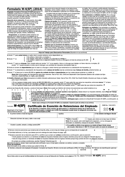 Formulario W-4(sp) - Certificado De Exencion De Retenciones Del Empleado - 2014