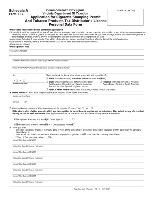 Fillable Form Tt-1 - Schedule A - Application For Cigarette Stamping Permit And Tobacco Products Tax Distributor