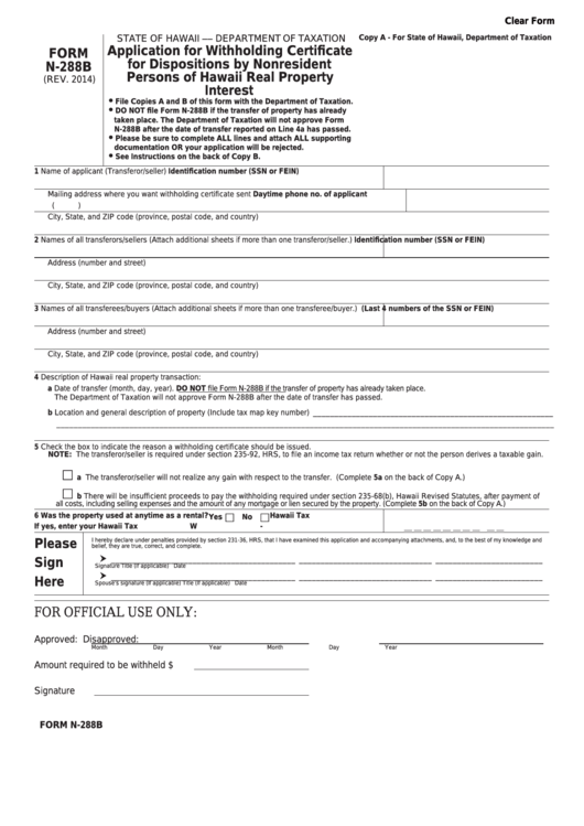 Fillable Form N-288b - Application For Withholding Certificate For Dispositions By Nonresident Persons Of Hawaii Real Property Interest Printable pdf
