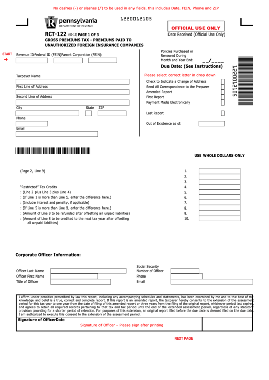 Fillable Form Rct-122 - Gross Premiums Tax-Premiums Paid To Unauthorized Foreign Insurance Companies Printable pdf