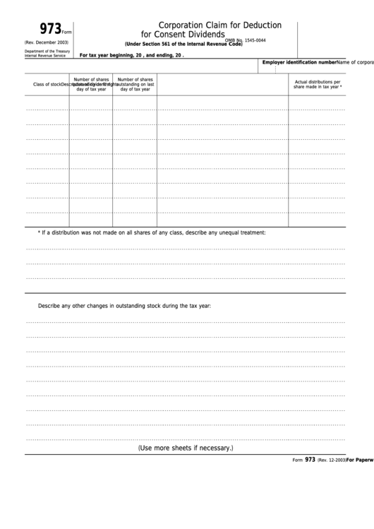 Fillable Form 973 - Corporation Claim For Deduction For Consent Dividends Printable pdf