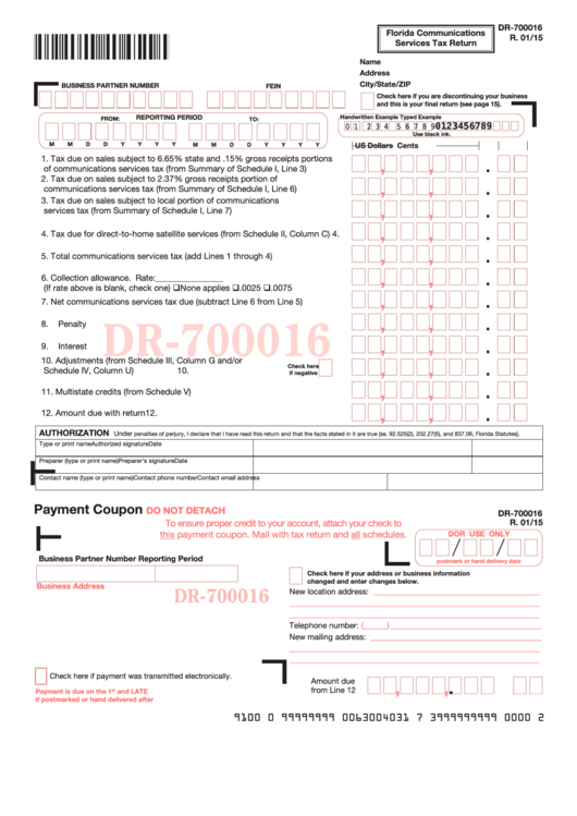 Form Dr-700016 - Florida Communications Services Tax Return Printable pdf