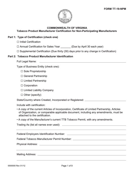 Fillable Form Tt-19-Npm - Tobacco Product Manufacturer Certification For Non-Participating Manufacturers Printable pdf