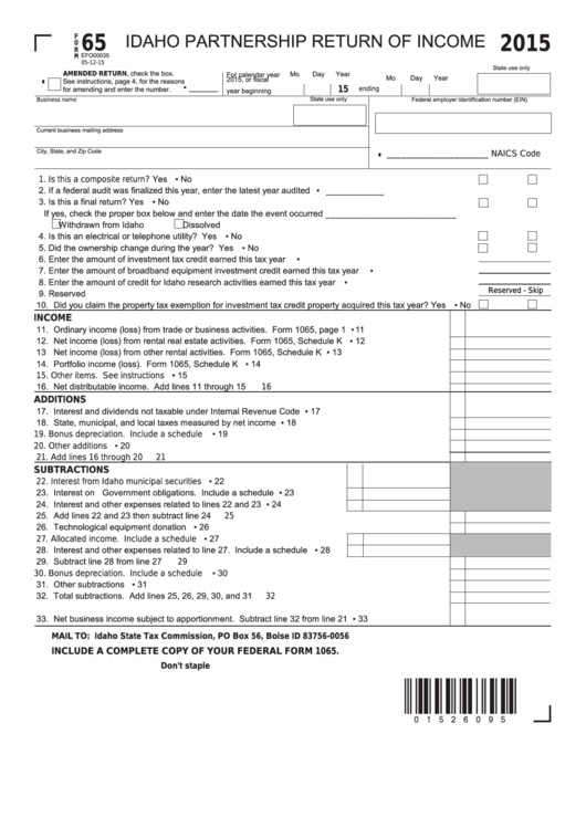 Fillable Form 65 - Idaho Partnership Return Of Income - 2015 Printable pdf