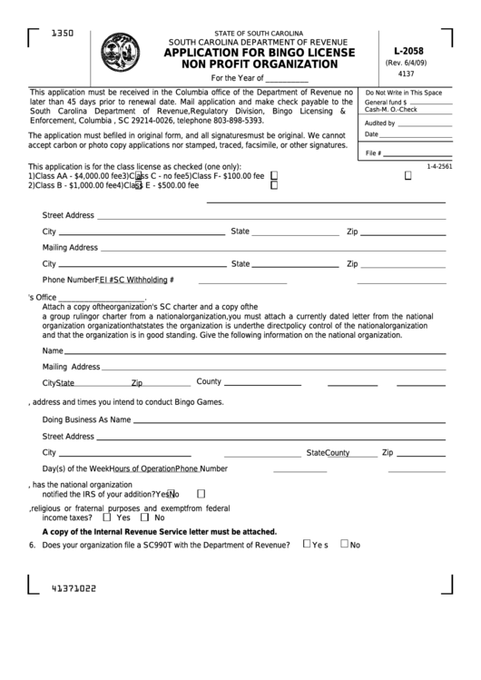 Form L-2058 - Application For Bingo License Non Profit Organization Printable pdf