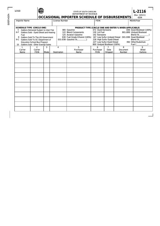 Form L-2116 - Occasional Importer Schedule Of Disbursements Printable pdf