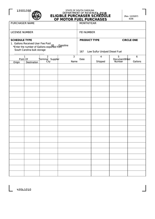 Form L-2118 - Eligible Purchaser Schedule Of Motor Fuel Purchases Printable pdf