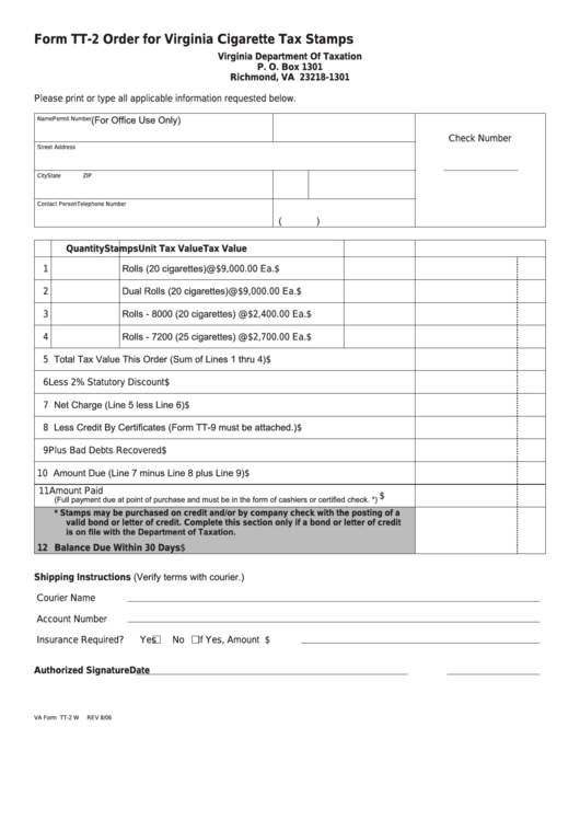 Fillable Form Tt-2 - Order For Virginia Cigarette Tax Stamps Printable pdf