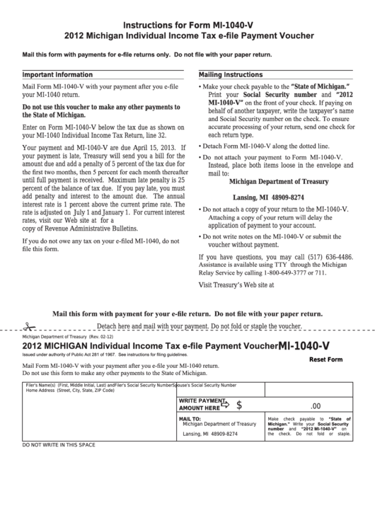 Fillable Form Mi-1040-V - Michigan Individual Income Tax E-File Payment Voucher - 2012 Printable pdf