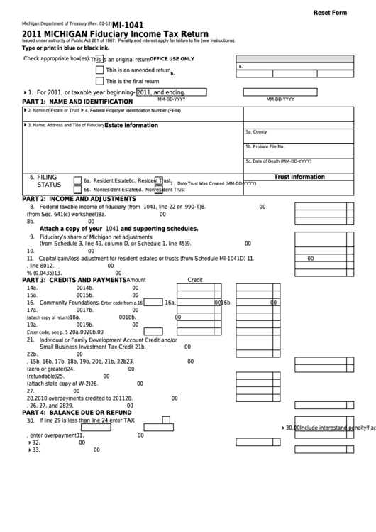 Fillable Form Mi-1041 - Michigan Fiduciary Income Tax Return - 2011 Printable pdf