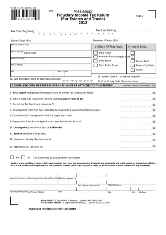 Fillable Form 81-110-12-8-1-000 - Mississippi Fiduciary Income Tax Return (For Estates And Trusts) - 2012 Printable pdf