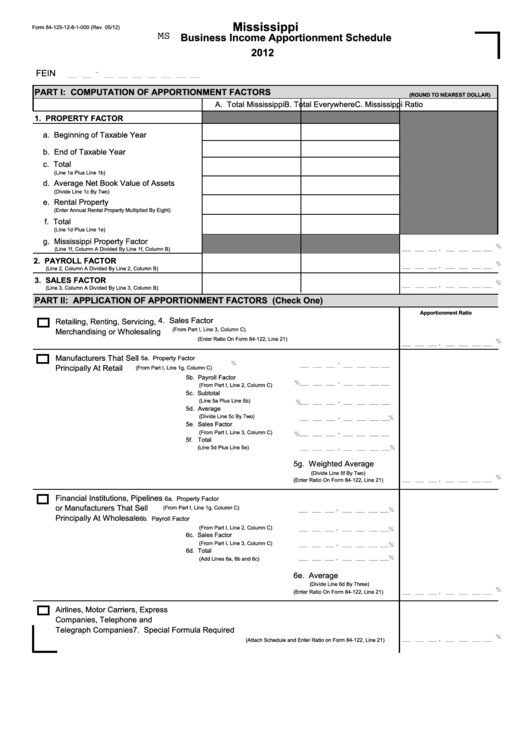 Form 84-125-12-8-1-000 - Mississippi Business Income Apportionment Schedule - 2012 Printable pdf
