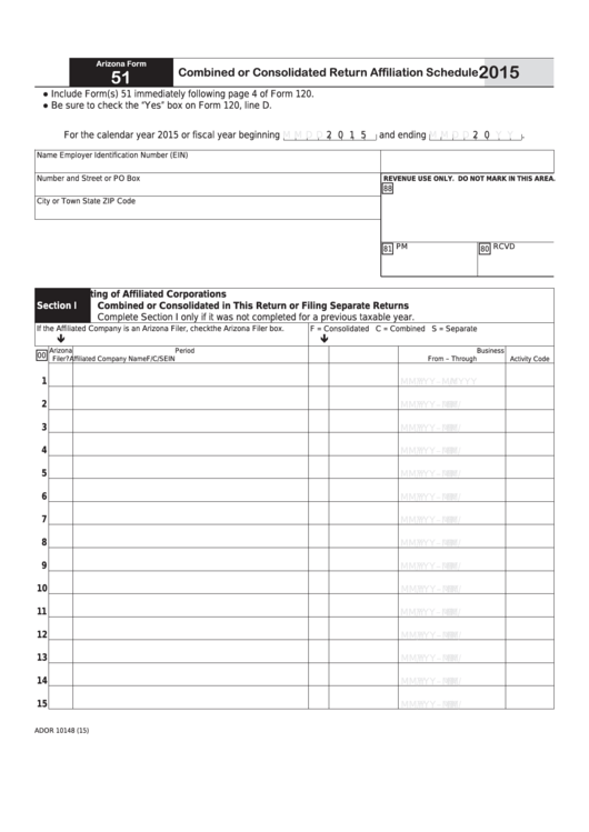 Fillable Arizona Form 51 - Combined Or Consolidated Return Affiliation Schedule - 2015 Printable pdf