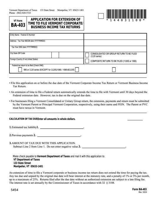 Vt Form Ba-403 - Application For Extension Of Time To File Vermont Corporate/ Business Income Tax Returns Printable pdf