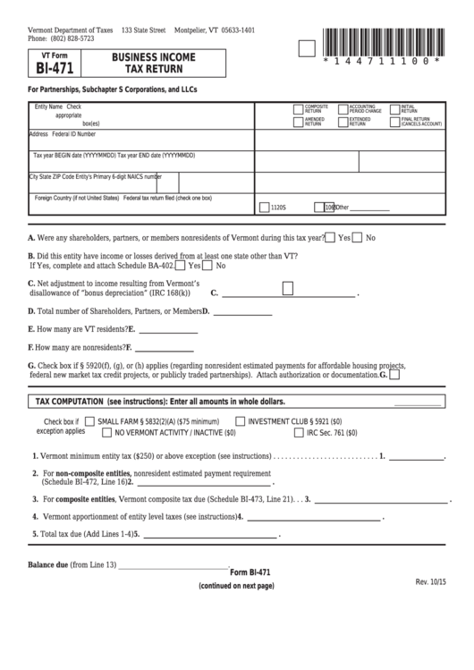 Vt Form Bi-47 - Business Income Tax Return Printable pdf