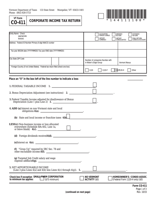 Vt Form Co-411 - Corporate Income Tax Return Printable pdf