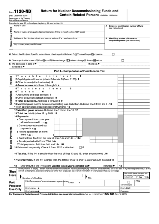 Fillable Form 1120-Nd - Return For Nuclear Decommissioning Funds And Certain Related Persons Printable pdf