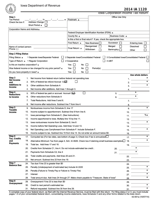 Fillable Form Ia 1120 - Iowa Corporation Income Tax Return - 2014 Printable pdf