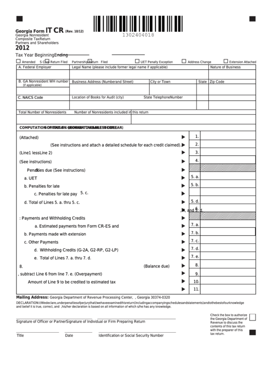 Fillable Form It Cr - Georgia Nonresident Composite Tax Return Partners And Shareholders - 2012 Printable pdf