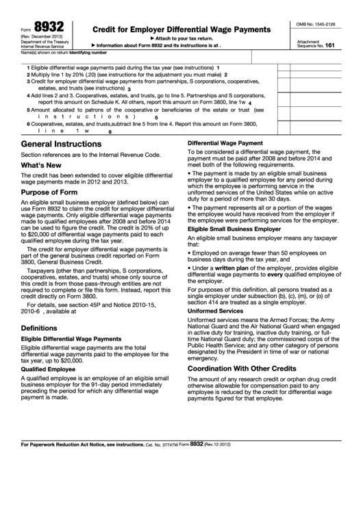 Fillable Form 8932 - Credit For Employer Differential Wage Payments Printable pdf