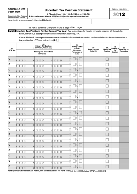 Fillable Schedule Utp (Form 1120) - Uncertain Tax Position Statement - 2012 Printable pdf