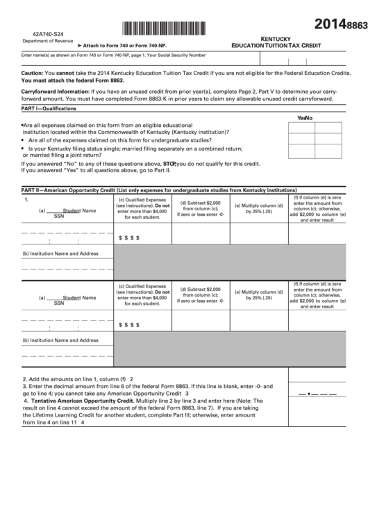 Fillable Form 8863-K - Kentucky Education Tuition Tax Credit - 2014 Printable pdf