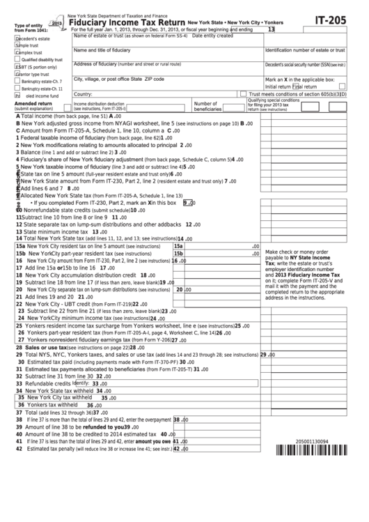 Fillable Form It-205 - Fiduciary Income Tax Return - 2013 Printable pdf