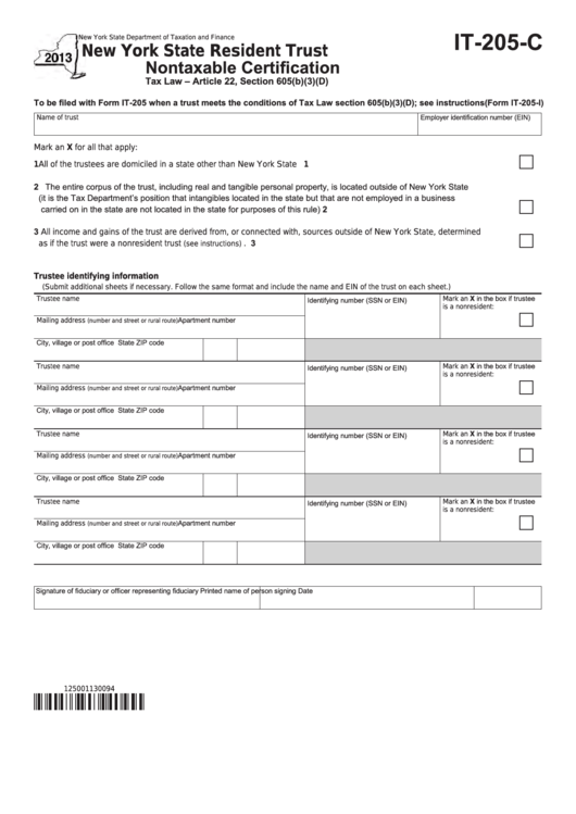 Fillable Form It-205-C - New York State Resident Trust Nontaxable Certification - 2013 Printable pdf