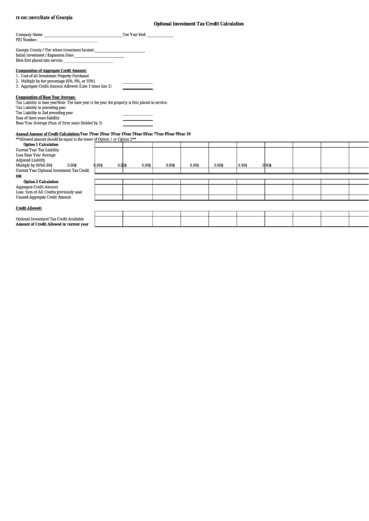 Form It-Oic - Optional Investment Tax Credit Calculation Printable pdf