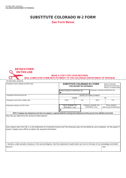 Form Dr 0084 - Substitute Colorado W-2 Form For Income Tax Withheld Printable pdf