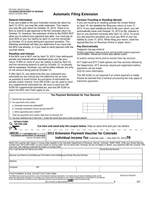 Fillable Form Dr 0158-I - Extension Payment Voucher For Colorado Individual Income Tax - 2012 Printable pdf