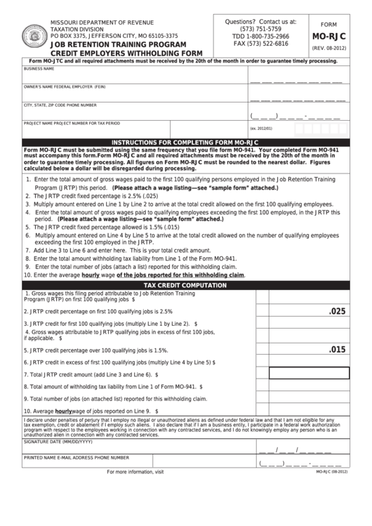 Fillable Form Mo-Rjc - Job Retention Training Program Credit Employers Withholding Form Printable pdf
