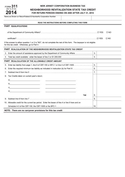 Fillable Form 311 - Neighborhood Revitalization State Tax Credit - 2014 Printable pdf