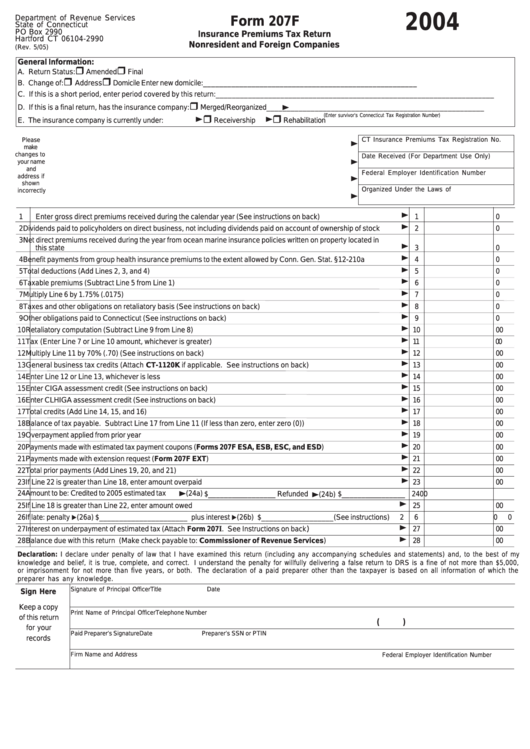 Form 207f - Insurance Premiums Tax Return For Nonresident And Foreign Companies - 2004 Printable pdf