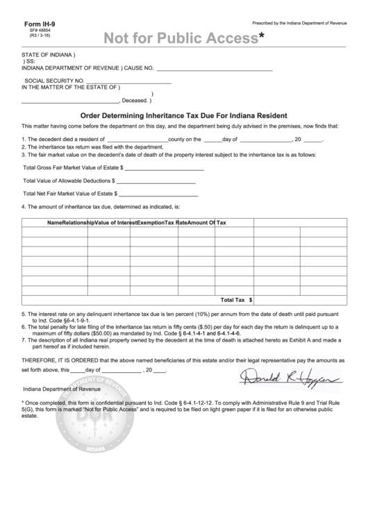 Fillable Form Ih-9 - Order Determining Inheritance Tax Due For Indiana Resident Printable pdf
