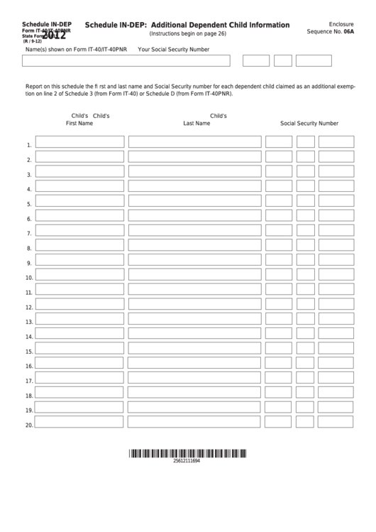 Fillable Form It-40/it-40pnr - Schedule In-Dep - Additional Dependent Child Information - 2012 Printable pdf